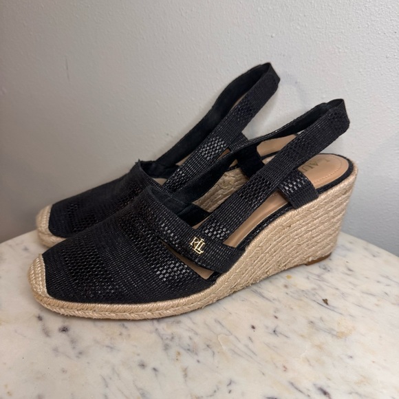 Ralph Lauren Wedges Size 9.5 M Fabric Upper black sandals shoes - Picture 5 of 8